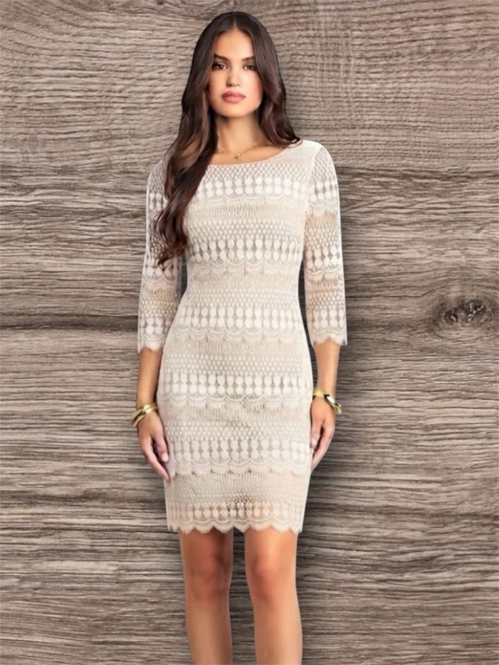 NWT Ronni Nicole Ivory Nude Crochet Lace Shift Dress 3/4 Sleeve Party Size 12